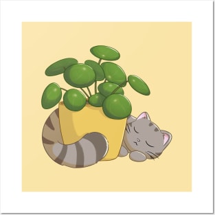 Cat With Pilea Plant Posters and Art